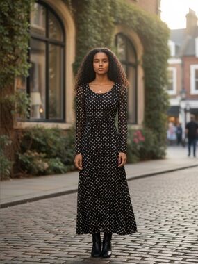 Unbranded Black & Beige Polka Dot Mesh Midi Dress – Cowl Back Bell Sleeve